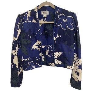 Vintage Helga Jacket Size 14 Open Front Cropped Blue Floral Cotton Blend‎ EUC